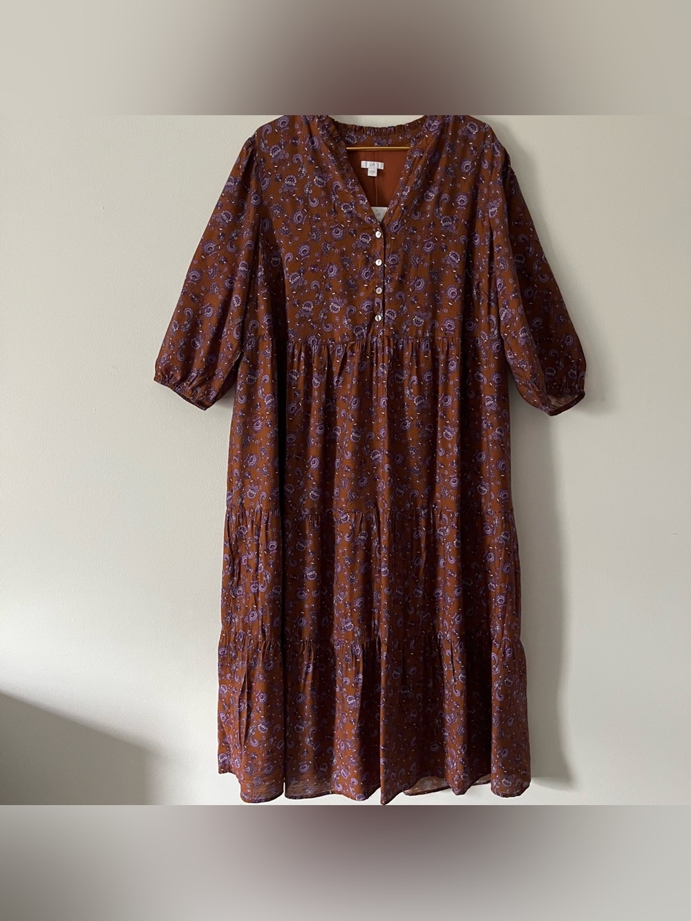 NWT JJill Rust Brown W/ Lavender Paisley Tiered Ruffled Prairie Maxi Dress 2X